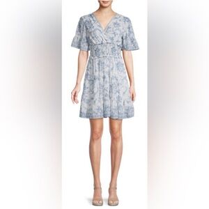 Max Studio Georgette Ruffled Sleeve, White & Blue Floral Tiered, Mini Dress Size